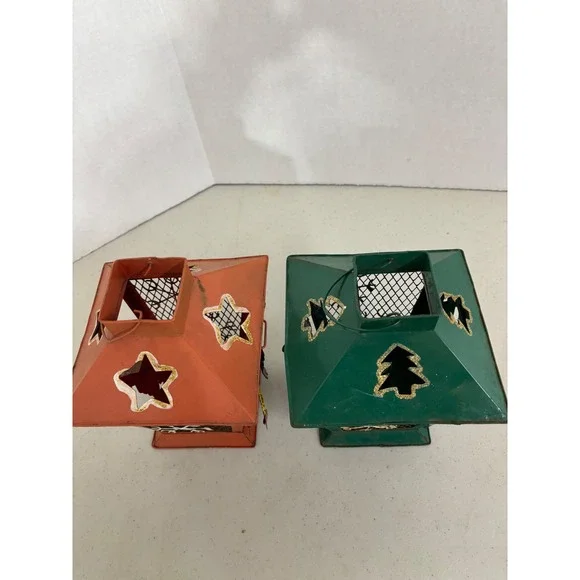 Set of 2 Vintage Christmas Metal Lanterns Santa Snowman Holiday Decor - Picture 6 of 7